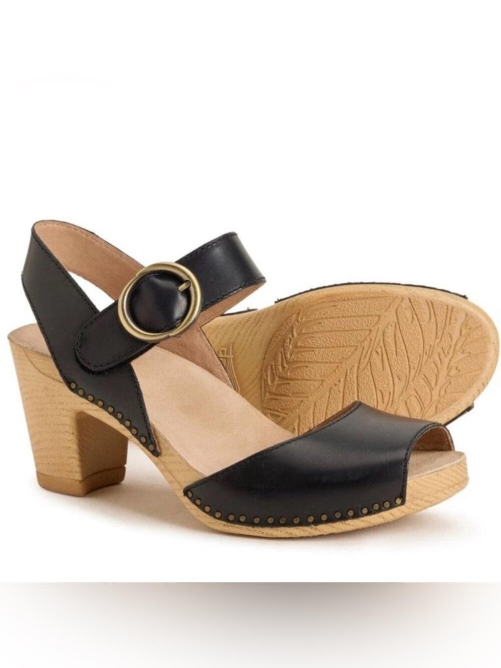 Dansko Black Leather Open-Toe Clog Sandals with Buckle